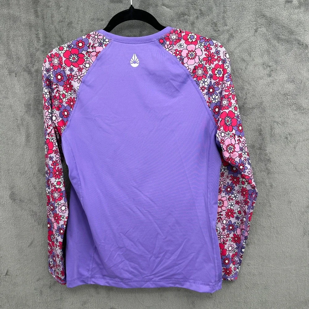 O'rageous Rash Guard Juniors XL Purple Retro Floral Raglan UPF 50 Swim Top
